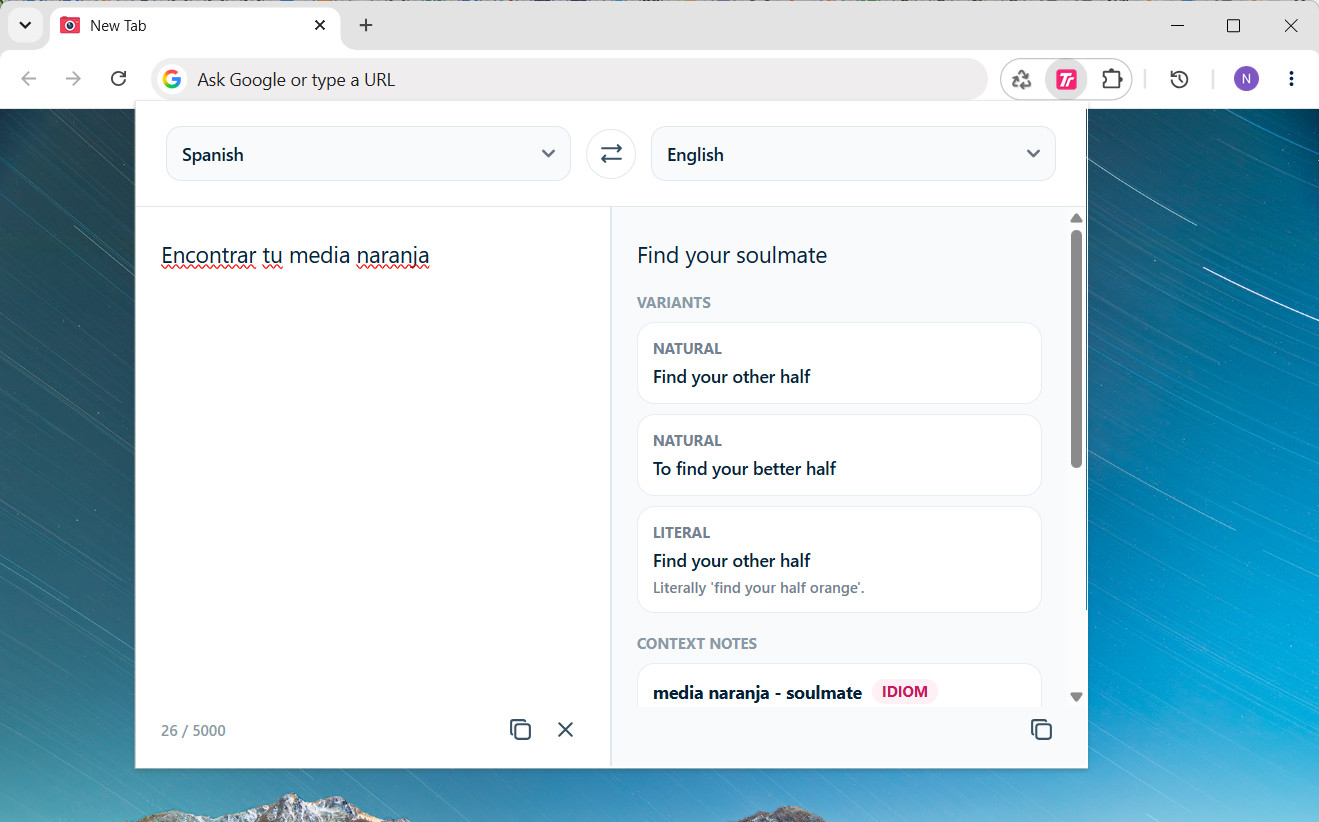 Screenshot: extension popup with a finished translation
