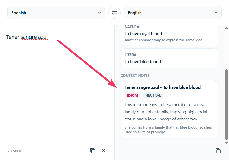 Screenshot: an idiom breakdown card with a tone note