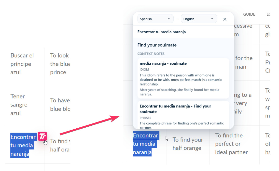 Diagram: select text → open the popup → get the translation