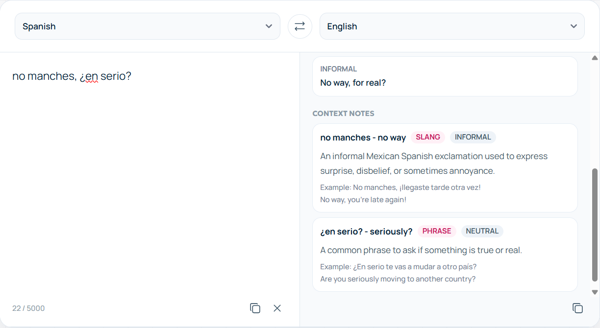 Screenshot: translation with variants and tone notes